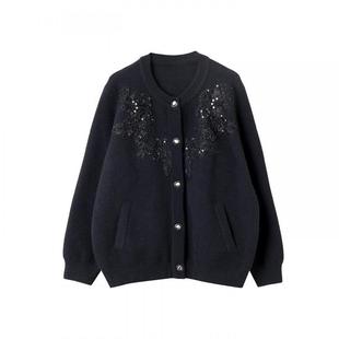 宝诗黎圆领钉珠针织短外套2026早春新款气质时尚慵懒宽松大码女装