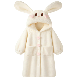 睡袍女冬长款珊瑚绒加厚家居服2026新款可爱软萌小兔女款浴袍睡衣