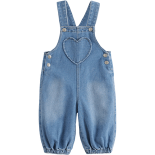 马克珍妮女童爱心纯棉牛仔背带裤宝宝连体裤2025年春装新品551525