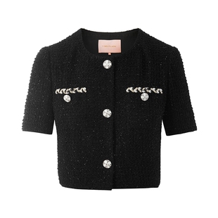 【吉娜同款】朗姿集团LIME莱茵女黑色亮葱丝短上衣连衣裙套装25夏