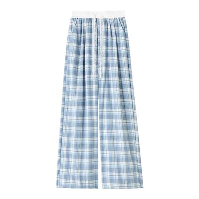 蕾丝抽绳格子阔腿裤女2026新款