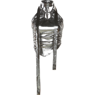 KLIOU 又酷又飒炸街亮面挂脖无袖背心女褶皱显瘦不规则辣妹上衣夏