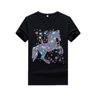 欧货潮牌男士短袖T恤潮流马图案烫钻圆领打底衫男装半袖体恤上衣