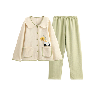 芬腾睡衣女秋冬季空气棉夹层纯棉长袖套装女款可爱休闲加厚家居服