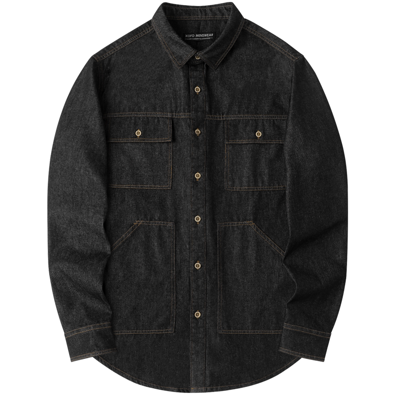 丹宁秋新款黑色牛仔长袖衬衫秋季美式复古衬衣外套男士上衣潮