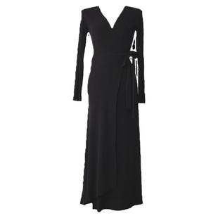 韩国chic法式显瘦V领交叉侧边绑带收腰修身长袖开叉长款连衣裙女