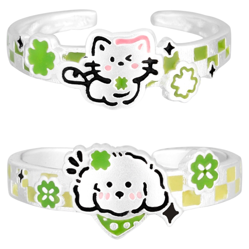 幸运草降临!原创四叶草猫咪小狗纯银戒指不掉色小众高级可爱对戒
