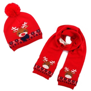NOABAT儿童帽子围巾两件套冬季女童护耳帽棉质圣诞驯鹿红色毛线帽