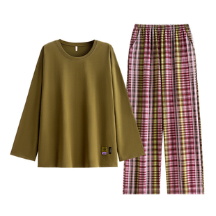悦内带胸垫一体睡衣女春秋款秋季纯棉长袖家居服秋天休闲圆领套头