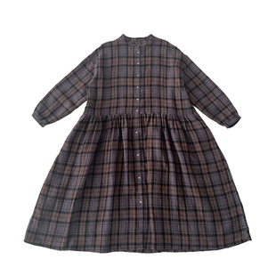 十月雪 日系亚麻格子长袍子连衣裙女秋冬季新款复古文艺宽松长裙