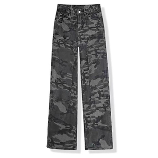 美式迷彩工装裤女秋季新款大码胖mm宽松显瘦梨形身材阔腿牛仔裤子