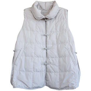 复古中国风盘扣羽绒马甲外套女冬季新款侧开叉白鸭绒无袖立领马夹