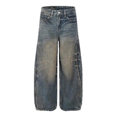 脏染深蓝色做旧微弯刀牛仔裤