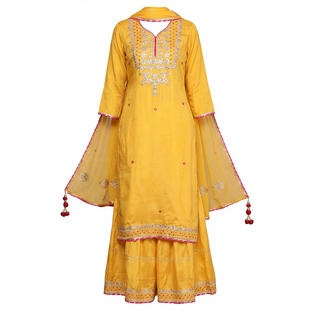 印度进口女装中长款民族风宽松刺绣含披肩丝混纺传统3件套黄色