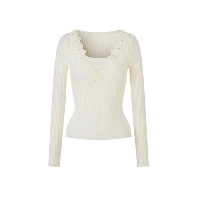 Sun雅乔【星钻闪耀】秋冬新款内搭水晶链蕾丝花边针织打底上衣女