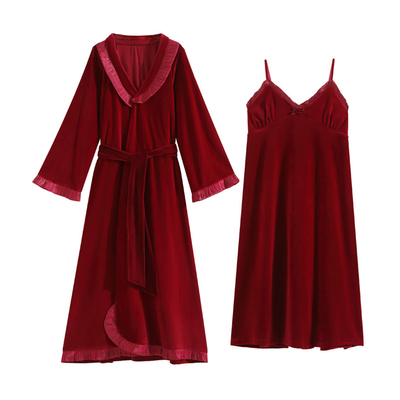 艺录吊带睡裙+睡袍2件套冬季加厚金丝绒新娘晨袍法式宫廷风睡衣女