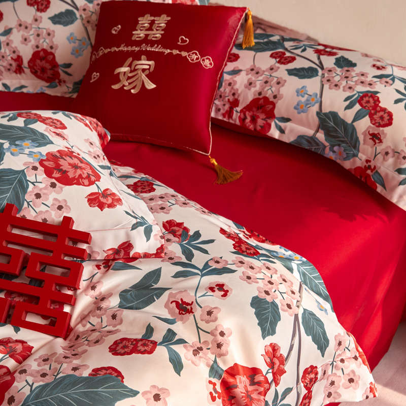 100S长绒棉印花结婚四件套红色床单花卉被套纯棉全棉婚庆床上用品
