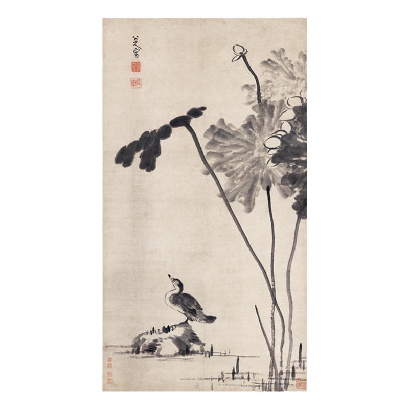 清 八大山人-荷花水禽图禅意竖幅高清微喷临摹仿古画稿挂轴装裱