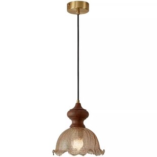 中古餐厅吊灯美式复古胡桃木吧台灯冰裂纹卧室民宿床头玻璃小吊灯