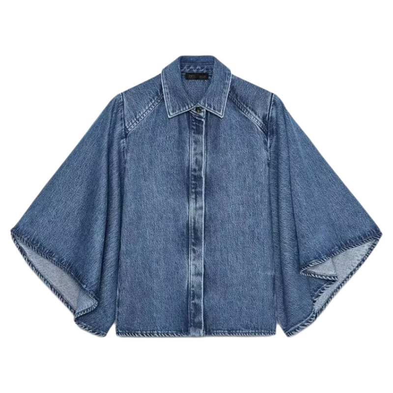 ZA样品复古休闲宽松蝙蝠袖软牛仔和服式衬衫上衣 6840242