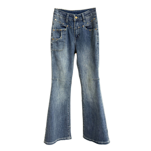 美翻！动漫细腰大长腿！微弹修身铆钉牛仔喇叭裤女   M491523~JS