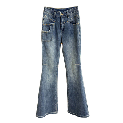 N货！微弹修身铆钉牛仔喇叭裤