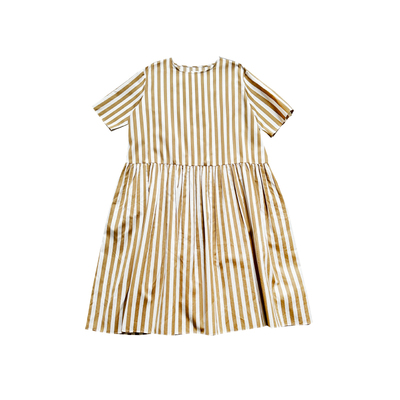 金茶棕宽松桑蚕丝棉粗条纹连衣裙