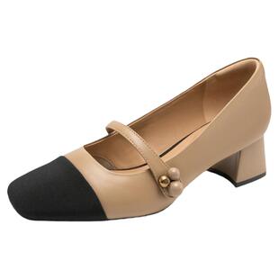 natursun玛丽珍女鞋高跟鞋女秋季真皮法式小香风黑色软底单鞋