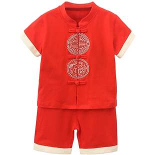 汉服男童唐装夏中国风一岁中式婴儿百天抓周红色纯棉周岁礼服男宝