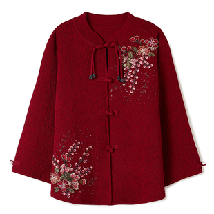 妈妈气质绣花中式羊毛针织开衫喜婆婆婚宴礼服高档大码喜庆外套女