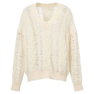 骄阳似我赵今麦聂曦光同款白色V领镂空针织衫毛衣女宽松慵懒上衣