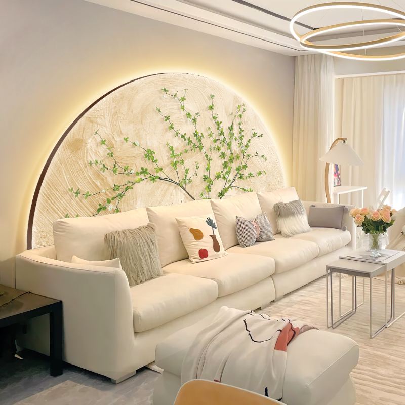 小清新奶油风客厅装饰画北欧绿植沙发背景墙半圆壁灯卧室床头挂画