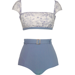 visual mood泳衣女泡温泉新款法式印花小众高级感分体比基尼套装