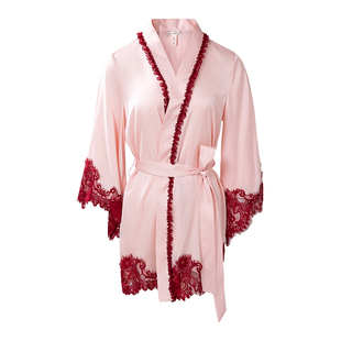 NoirTease夏季薄款性感丝质睡袍女士春秋蕾丝绣花纯欲浴袍家居服
