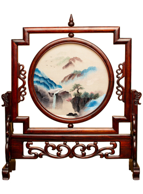 成品苏州绣美中式风双面红木摆件