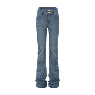 NanaJacqueline冬季新款微喇高腰弹力牛仔裤女软面复古双扣休闲裤