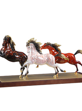 黄铜大漆三骏奔腾马摆件老板办公室书房玄关工艺高档装饰乔迁礼品