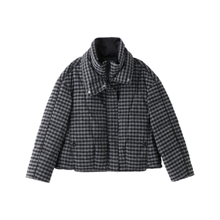 时尚短款立领格子鹅绒服女2025年冬新款宽松大码减龄保暖羽绒外套