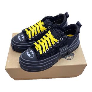 2025新款蝙蝠侠帆布厚底增高男女黑色黄鞋带拼色百搭乞丐休闲板鞋