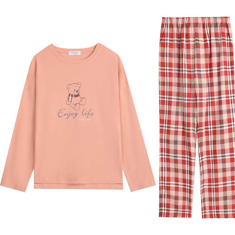 秋鹿【断码特惠】情侣睡衣男家居服纯棉长袖格子长裤女士春秋套装