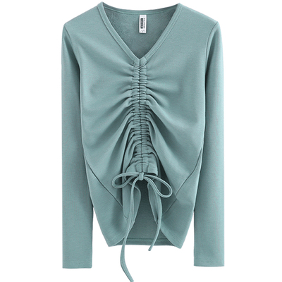 纯棉修身打底衫女韩版V领抽绳加绒加厚秋冬长袖保暖T恤上衣内搭