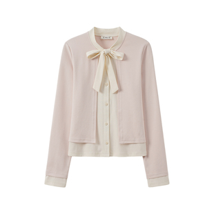 奶油的宇宙 绑带撞色假两件长袖t恤女修身日系甜美风初秋短上衣