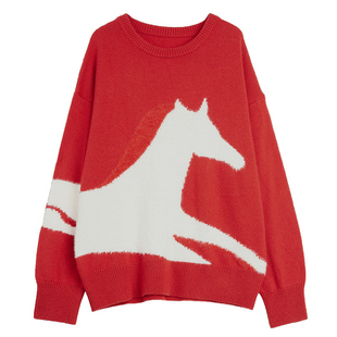 【自营】ELLE红色新年小马毛衣女2026春新款绵羊毛慵懒圆领针织衫