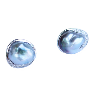 天然海水大溪地keshi围镶铂金灰野生珍珠18K黄金客户定制气质耳钉