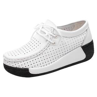 软皮厚底松糕底女单鞋系带洞洞鞋镂空透气妈妈软底工作鞋2024春款