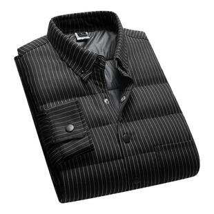 高档男士条纹加棉衬衫外套保暖加厚夹棉羽绒棉衬衣长袖休闲百搭