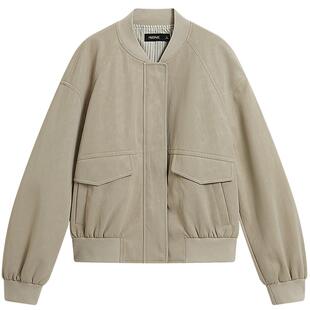 KBNE卡其色宽松短款罗纹领棒球服外套女2026春季新款显瘦皮衣夹克