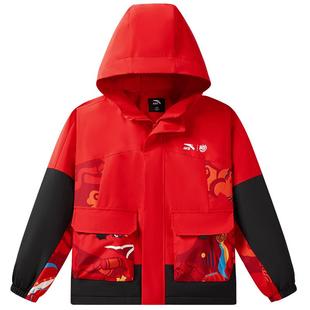 安踏儿童外套秋冬加绒保暖潮酷上衣新年红色喜庆衣服男童印花外套