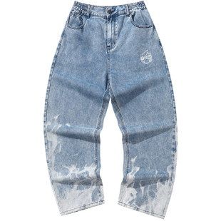 GENANX闪电潮牌中高腰牛仔裤宽松拔印工艺火焰形状花纹牛仔长裤男