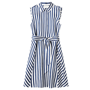 LILYSILK莉莉秀客新款海军条纹无袖真丝衬衫裙显瘦连衣裙